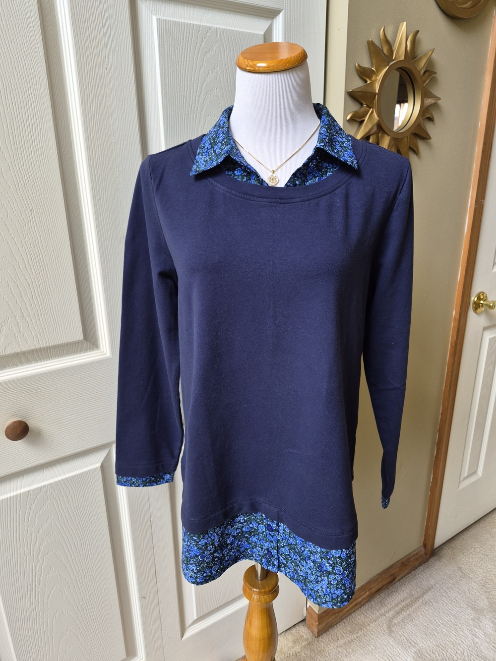 Isaac Mizrahi Navy Long Sleeve Tunic with Blue Floral Trim